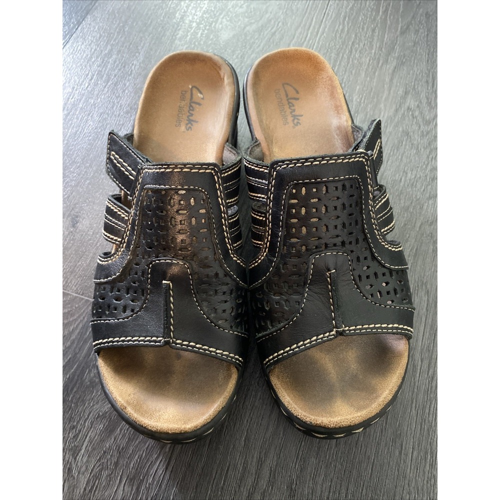 Clarks Bendables Womens Black Leather Slide Sandals Comfort Shoes Size 7.5